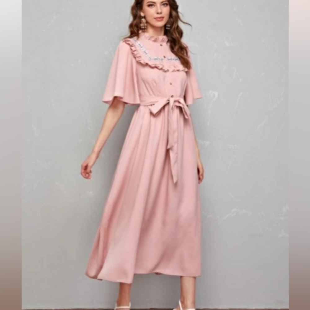 New Butterfly Sleeve Belted Dress